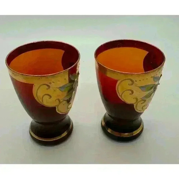 MCM Vintage Cranberry Shot Glasses set of Two Hand Painted Gold Band Beautiful - Picture 4 of 10